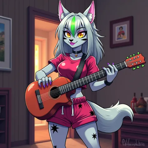 draw this Roxanne is an anthropomorphic female wolf with a punk rock aesthetic. She appears as a grey-furred wolf with bright yellow eyes. She has black streaks of makeup on her cheeks and wears purple lipstick. The claws on her feet are painted purple, an...