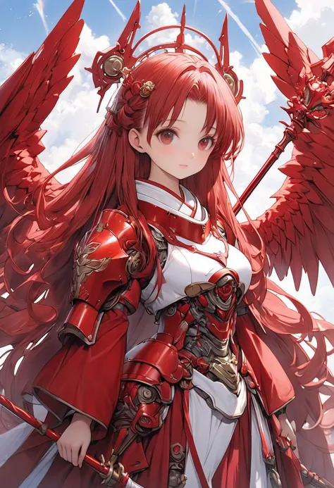  anime girl  with red wings and a red cape holding a red staff, , Extremely detailed art gum , Anime Style 4k, top rated on  pixib, Angel Knight Girl,  pixib,  red armor , Fantasy style anime, Asuka, Mecha Wings,  anime manga robot !!  anime girl ,   profi...