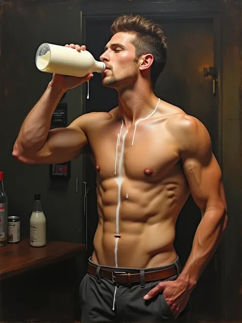 a painting of an athletic shirtless man drinking a bottle of milk, Chris Redfield, bartender, androgynous man, tall and sportive, beautifully detailed body and face, milk running down his torso, sweating profusely, extasy looking