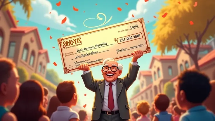 Warren Buffett, give away money to help others, donating check, Disney cartoon