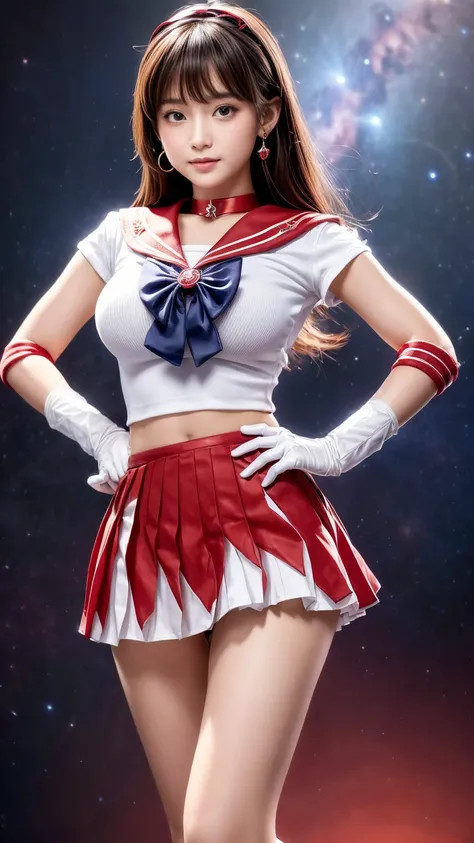 Product quality,  1 girl,  cowboy shot of a man,(Thigh Emphasis:1.4),(young and beautiful Japanese women ,  perfect anatomy),(well-proportion),(Sailor Warrior Uniform),(space background,universe,Mars, inflammation,red inflammation:1.4), Positive Little Smi...