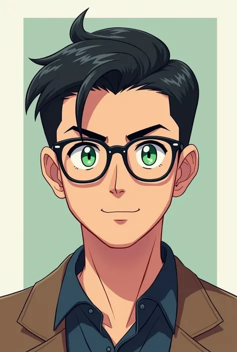 Man 178 cm height 60 kg weight green eyes and black short hair middle part hairstyle with glasses created in pokemon go style