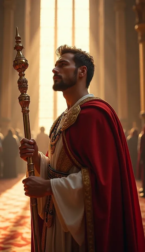 The king, Aryan, standing tall, holding a scepter with authority, his eyes filled with unshakable resolve. He looks towards the ministers and the court with unwavering determination. The sunlight streaming through the large windows highlights his confident...