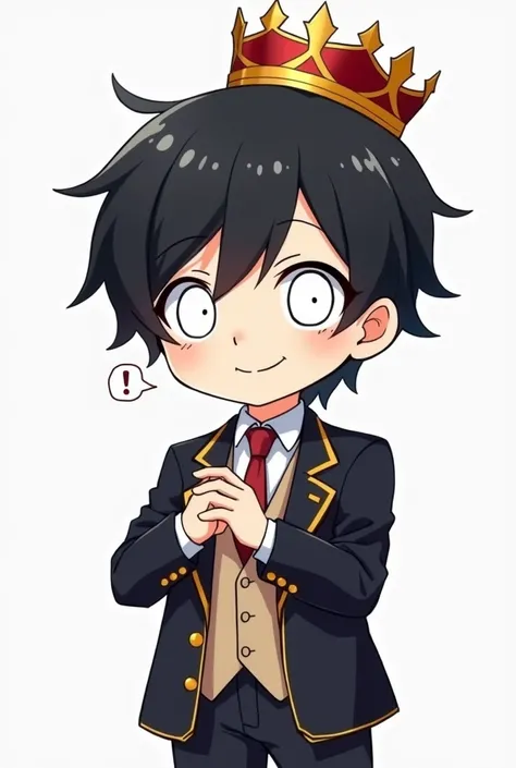 make me an anime character who wears a suit with black hair and a crown, his eyes are shining white with a plain white or transparent background. and the jacket has an empty space where I can put my logo, it has to be empty. there are no eyeballs, just pla...