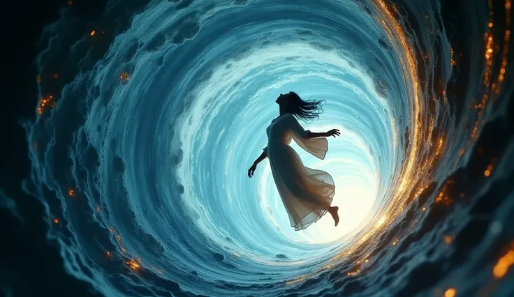 A cinematic side view of an 18-year-old half black, half white woman being pulled into a glowing, swirling portal. She is wearing traditional African clothing. The woman is in mid-air, leaning slightly as she is pulled into the portal, her clothing flowing...