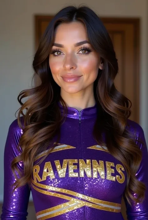 RafaEliBar 30-year-old woman , French,  long dark brown hair with caramel highlights with Hollywood-style waves,  small black eyes ,  full lips,  She wears a purple cheerleaders uniform made of sequins . The uniform consists of a tight top , elongate,  wit...