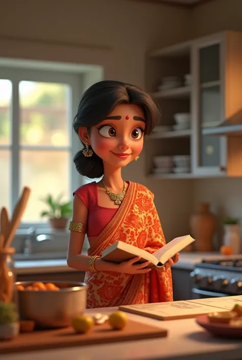 A young Indian woman wearing a traditional saree, standing in a modern kitchen, intently reading a recipe book, with utensils and ingredients spread around.
Generate in cinematic 3d cartoon style