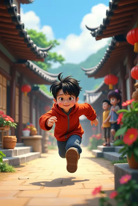 Korean boy running from village 