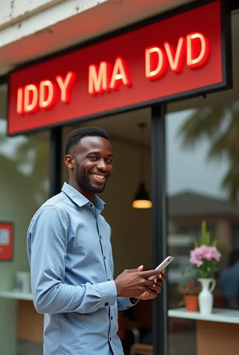 "A realistic office setup for a financial agency in Tanzania. The office features modern clear glass walls, creating an open and professional appearance. Outside the office, a young Tanzanian man is conducting a mobile money transaction. He is holding a ph...