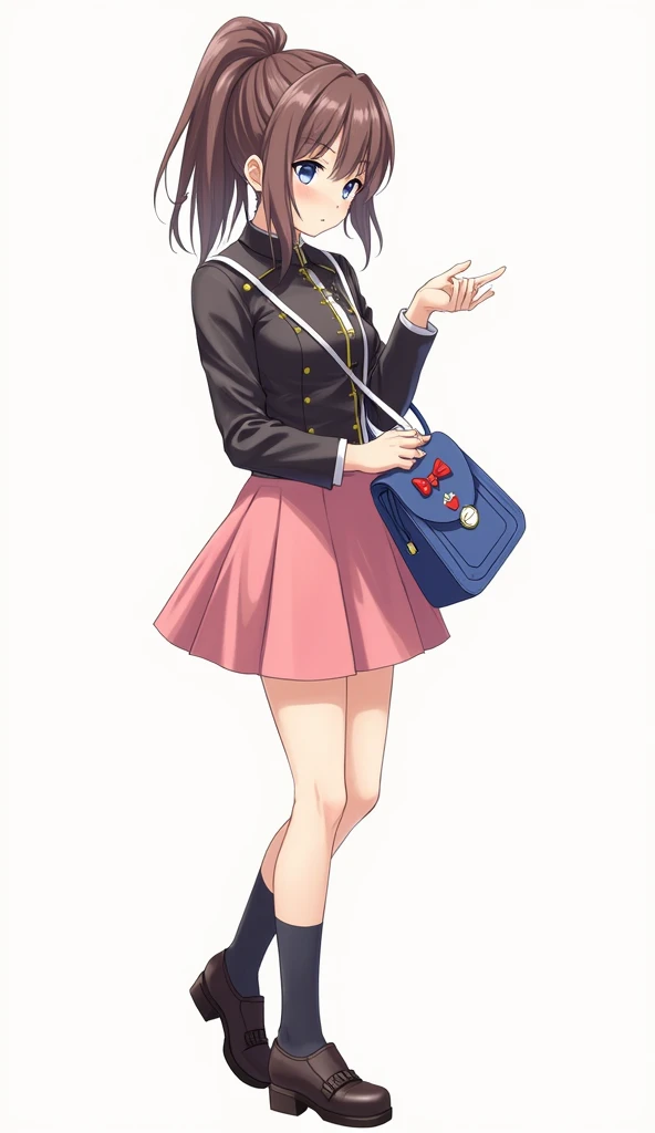 Anime adolescent woman wearing leather top clothing with leather straps and a white watch with gold buttons and with blue bag and white straps cross shoulder strap with red bow and pink skirt strawberry design and black socks And black leather shoes is tou...