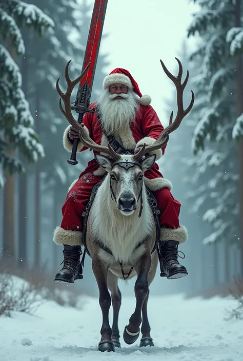 a muscular Santa Claus on the back of a colossal reindeer, high quality Cinematographic photography, Santa wears a worn and gnawed Christmas battle suit, he has a large crimson sword. pine forest background with snow., Santapunk