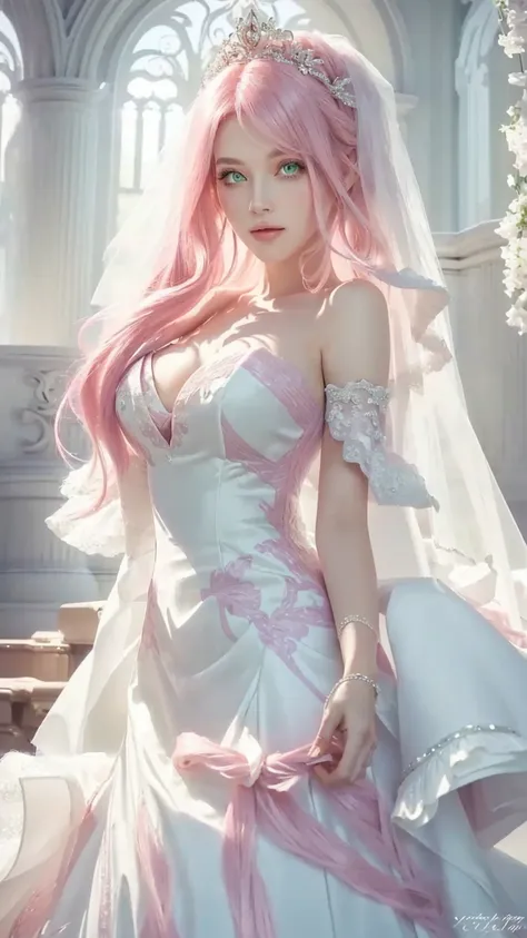 a woman a wedding dress , beautiful girl with green eyes, beautiful girl with pink hair, beautiful girl with long hair, green eyes, pink hair, long hair, wedding dress, beautiful girl with wedding dress 