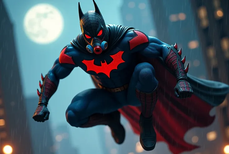 1 Athletic Man, Batman & Spiderman Mix Costume, red, blue and black color, Costume Combine element from Batman & Spiderman, mouth covered with detailed red & blue gas mask, Full Body, See the boots, Jumping from the building, in the moonlight of gotham cit...