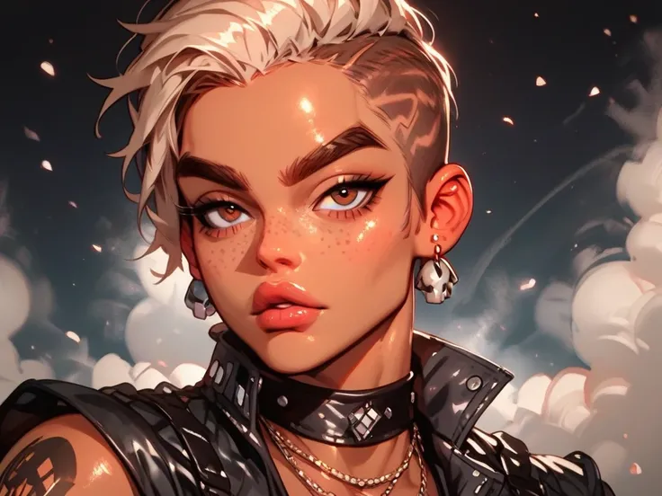 Man, shaved on sides + diamond shaped face, small forehead, brown eyes, almond eyes, bushy arched eyebrows, thick lips, golden skin, tanned skin + freckles + her body is slender and agile + crunge style clothing with rocker touches + sleeveless open gray v...