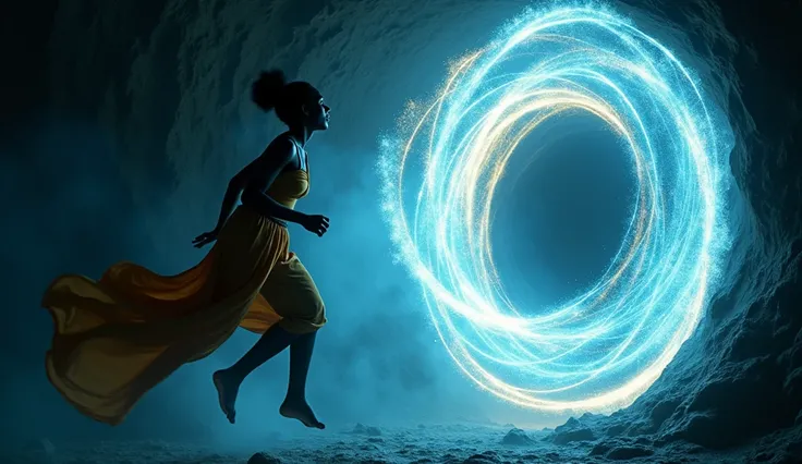 A cinematic side view of an 18-year-old half black, half white woman being pulled into a glowing, swirling portal. She is wearing traditional African clothing. The woman is in mid-air, leaning slightly as she is pulled into the portal, her clothing flowing...