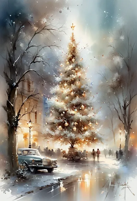 Willem Haenraets has created a stunning and elegant digital painting in vintage style, with a Christmas feel, tree, gifts, cinematic composition, the artists use of muted watercolor colors adds to the overall charm and appeal of the painting, stunning, pur...