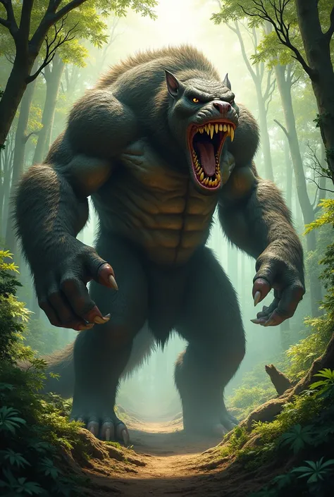 Very huge beast animal with big and sharp teeth’s standing in tha forest