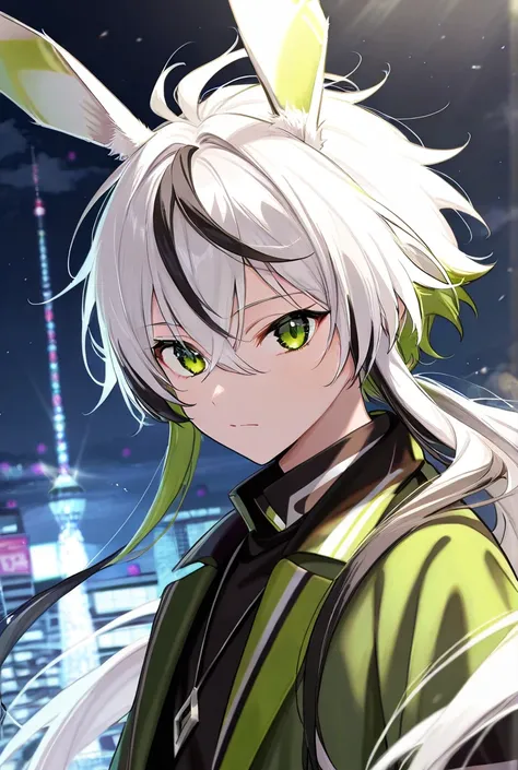 A character with long white hair with black highlights on the right side, big green eyes, Long ears