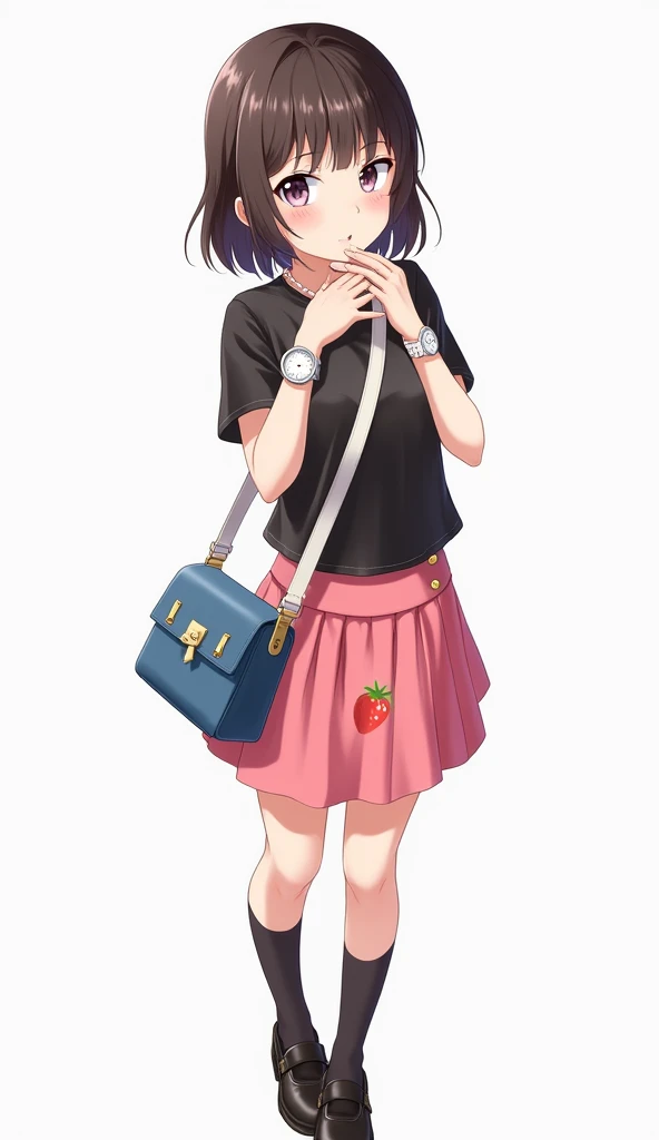 Anime adolescent woman wearing leather t-shirt with bare shoulders and a white watch with gold buttons and with blue bag and white straps cross shoulder strap with red bow and pink skirt strawberry design and black socks And black leather shoes is touching...