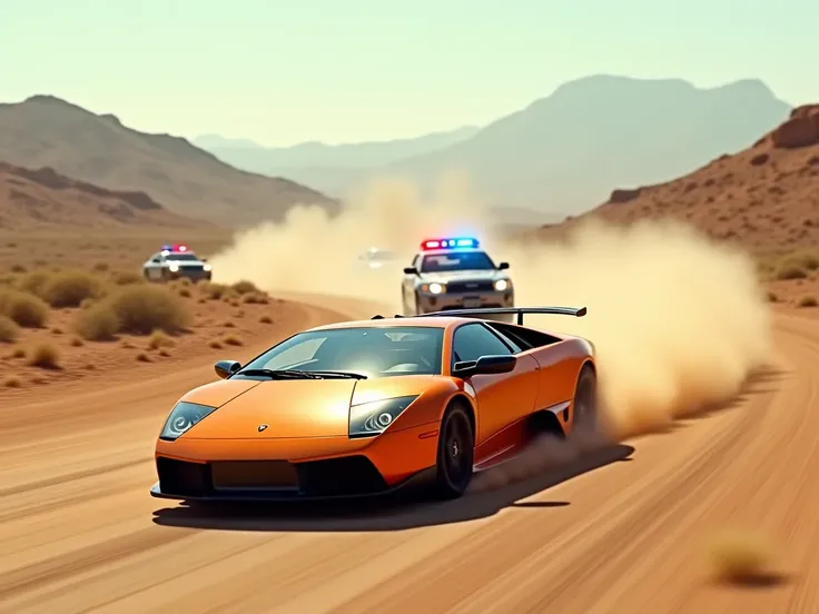 Murcielago running away from polices in the desert road