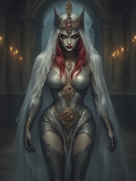 Night,  altar of a ruined church , una bellissima donna dai capelli rossi lunghissimi, seductive gaze, front view, standing next to the altar ,  she wears only a long transparent lace wedding veil that covers her fully tattooed body(nsfw). è notte,  The li...