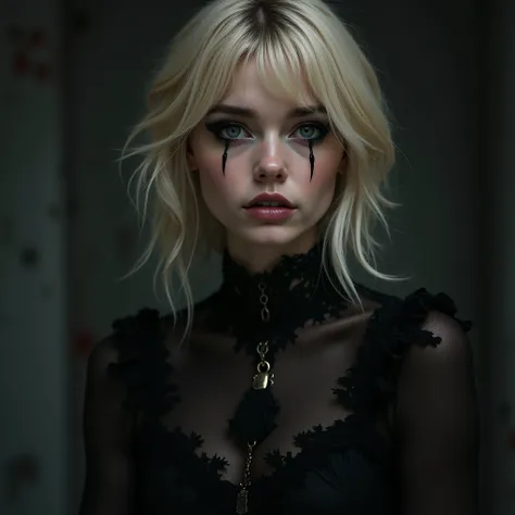 portrait, realistic, photography, of drug addicted tiny blonde young woman, looks like Emma Stone, eyes are wide apart, gothic style clothes, luis royo style,  black Smokey Eyes eyes shadows,
