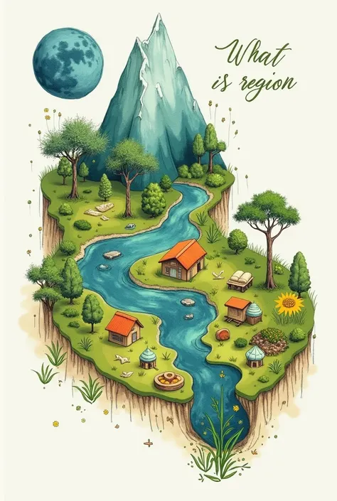 What is region 
Make A2 size poster with different mediums like sketches,doodle mix of water color .
Show the economic activitie its depends on natural features and culture also , that make the whole region different from others 