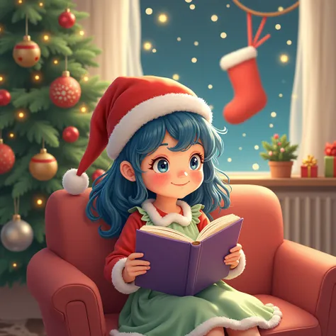 Childrens book characters,  Christmas， A happy seven-year-old girl wearing a Christmas hat, with wavy blue hair ,  wears a red and light green dress， Shes sitting on the couch ，A purple book on her lap ，Christmas gift box ，Christmas tree,flower,Light Parti...