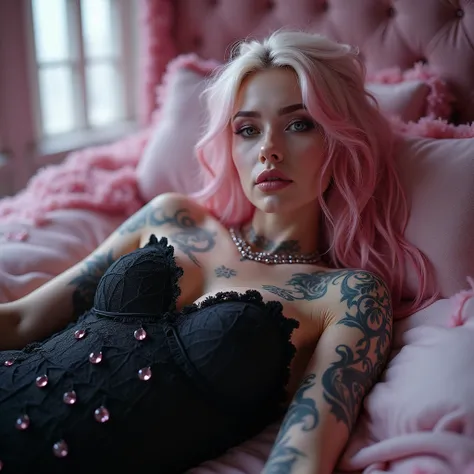 Queen , really attractive face, light makeup, sleeping on the bed, pink white hair, pink eyes, she is gorgeous and beautiful, super hot and super sexy body, wearing a black wedding dress, bandage covering her body, tattoos covering her body, large breast,8...