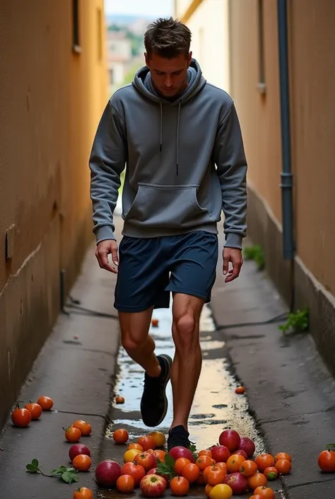 Dans un couloir, un jeune homme sportif, brun, cheveux courts,  en survêtement et doudoune grise, en baskets noires et boueuses, piétine violemment en riant des fruits éparpillés et écrasés sous ses pieds. Le jus des fruits gicle sous ses pieds.