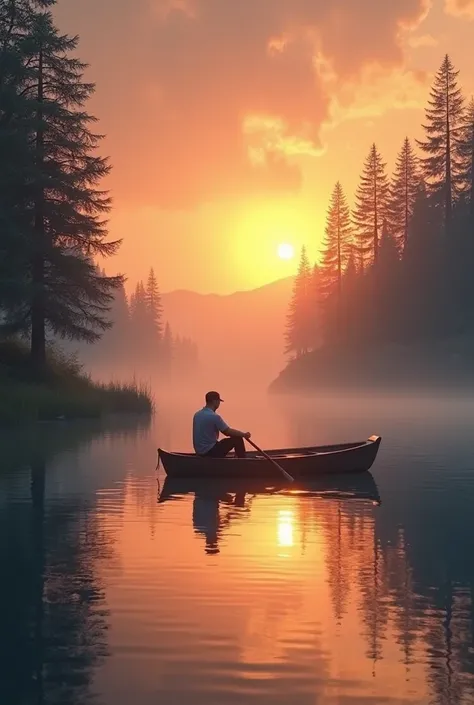 A crystal clear lake, a man in a small boat and sun at dusk with trees on the edge of the lake 