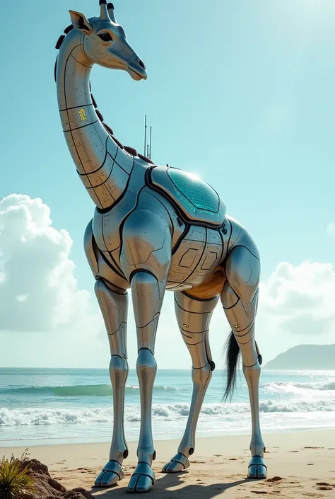 "Create a highly detailed and realistic hybrid creature combining the features of a giraffe and a futuristic high-tech house. The giraffes body serves as the base structure, with sleek, metallic panels and glowing circuits seamlessly integrated into its el...