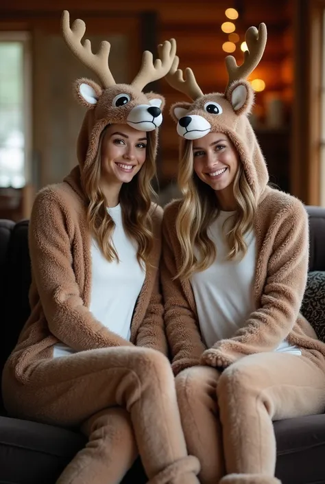 2 beautiful women are wearing a cute and stunning whimsical reindeer skin-tight fursuit costume. The costune is divided into a large madcot head, body with brown and white fur, gloves and boots. The woman are sitting on a large pibk velvet love sit couch i...