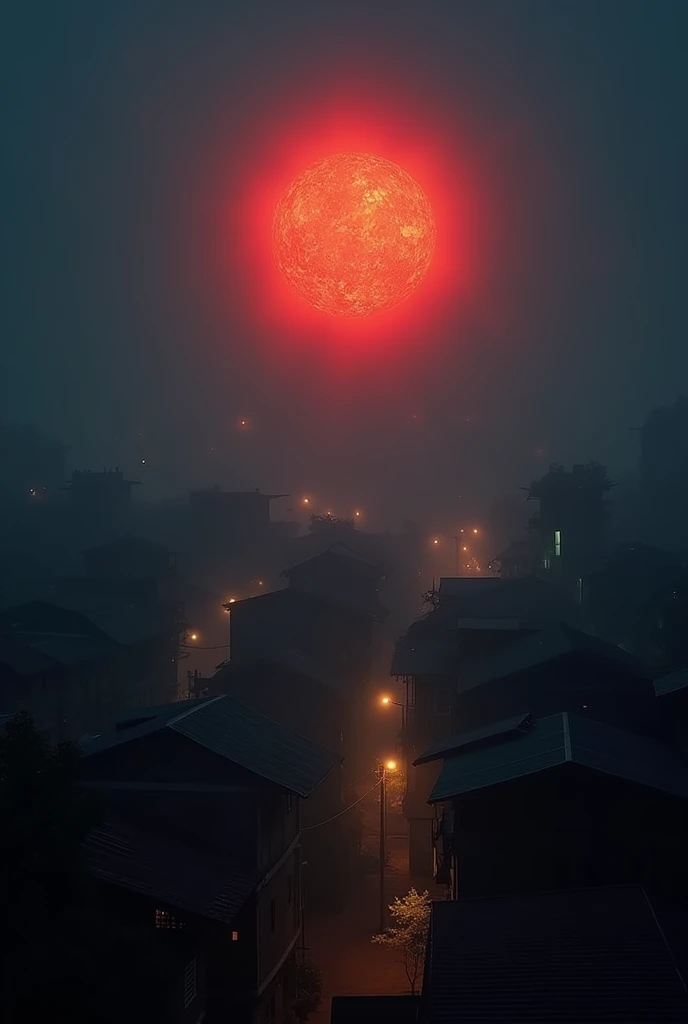 nighttime cinematic photo, a red fireball floating horizontally flying over a densely populated village in Indonesia, dark night