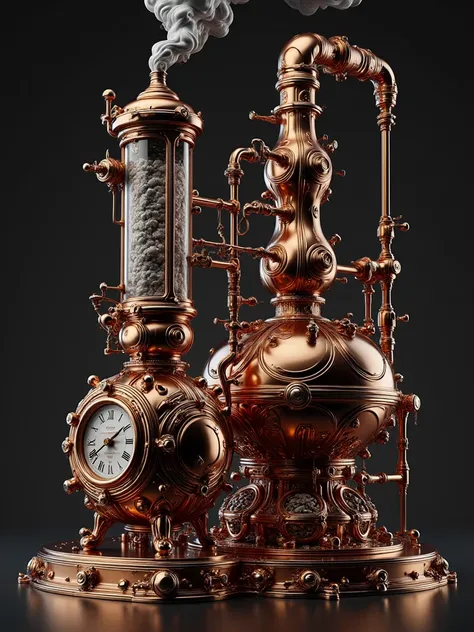 cybernetic retro copper-magmatic alembic, iridescent copper-bronze color, for making delicious distillate, whiskey, with steam condenser in steampunk style. The Alambic still is a combination of Victorian-era equipment and modern whiskey-making elements. I...