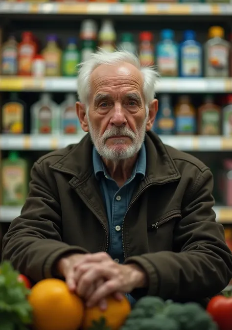 There is an old man something 60 years old he is innocent and desperate and looking sad he is sitting in a grocery store and behind him all the grocery items are kept in the store and the baground is blurred