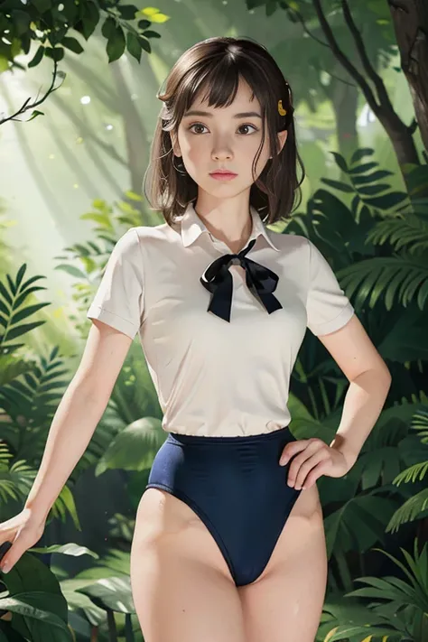 (masterpiece, highest quality), 1 girl, beautiful face, beautiful body,  wearing a Black gymnastics bloomers, High leg、white blouse,    cowboy shot、Are standing、full body portrait、alone, complex details, enlarged textures, complex details, finely detailed ...