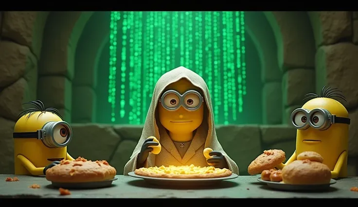 "In an old, mysterious underground bakery, the Oracle Minion sits at a table surrounded by various banana pastries. The room is filled with glowing green digital code, like the Matrix itself. Bob, a confused Minion, sits opposite the Oracle, who holds a wa...