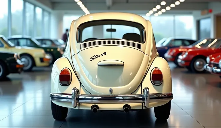 A high-quality, detailed image of a 1970 Volkswagen Beetle – V8, captured from the back view angle in a showroom setting. The car features a pure cream color, iconic rounded rear design, vintage tail lights, a small chrome bumper, subtle V8 badging, and th...