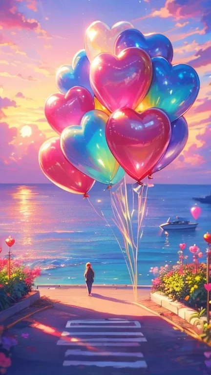 A romantic fantasy-style painting featuring a cute pink car on a seaside road during sunset. The car is decorated with numerous colorful heart-shaped balloons tied to it. The roadside is adorned with vibrant flowers of various types and colors, creating a ...