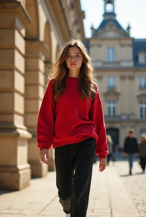 girl in red sweater universite paris sorbonne, black sweatpants and white socks