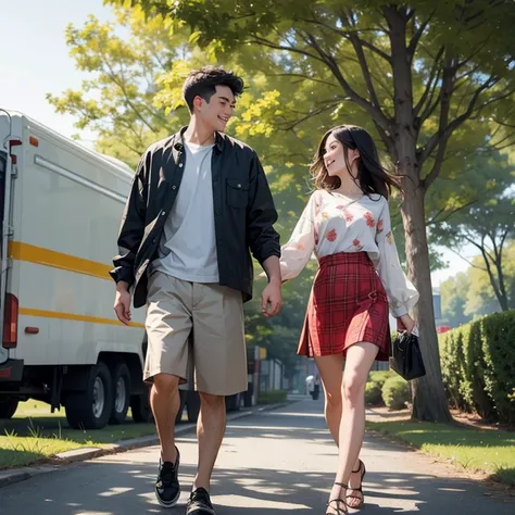 from behind view is from tree branch, of a young man and a young beautiful woman are talking and are walking towards from the camera. Both are laughing. Showing full bodies of a couple. 

Leaves and branches foreground.

Man boy male is wearing plaid shirt...