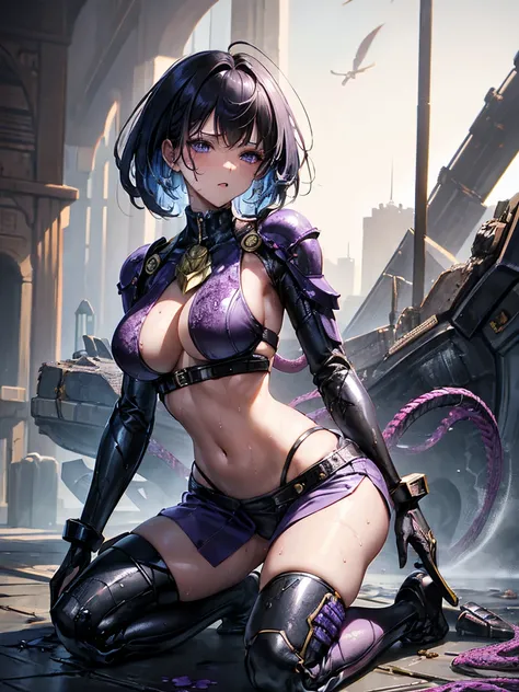 scorpion female battlesuit, hyper detailed, masterpiece, 16k, sexy, messy, semen stain on breast, kneel, underboobs, transparent clothes, main color dark purple, wet clothes, scorpion group, semen liquid flood, dirty, wounded, touching herselft