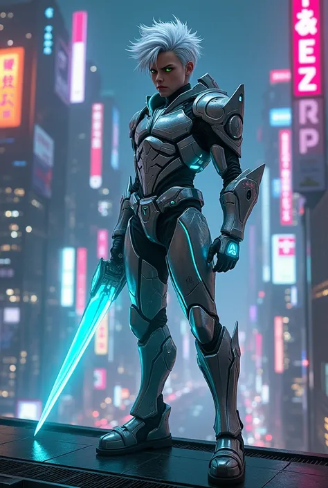 A confident, futuristic Boy with glowing cybernetic armor in shades of metallic silver and neon blue. spiky white hair is slightly disheveled, and her piercing green eyes have a faint glow. He wields a sleek energy blade in his right hand, with a determine...