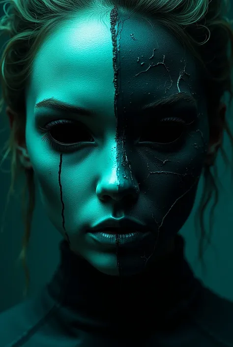 I want an image that shows the chaos of the unit or a two-faced woman something like that for my TikTok profile it could be a mask. black, blue and green colors.  High resolution,  Anatomically correct ,  The best quality, Detail, Details altos, UHD, 