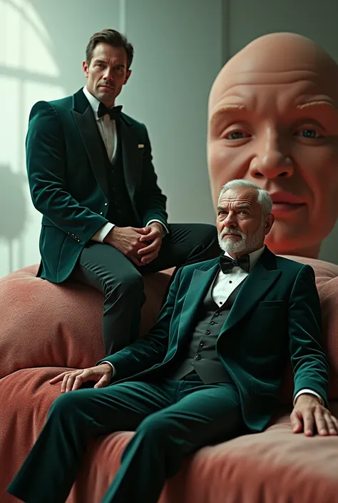  attractive middle-aged man in velvet tuxedo , sitting on a face ,  attractive elderly lung man in velvet tuxedo on a velvet bed