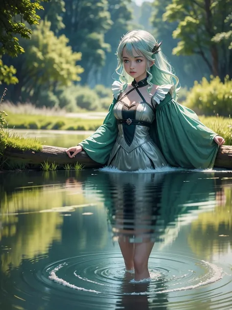 fantasy film Porter, Girl walking on a lake in Magic,  green hair, Water power, water dominator, silver dress