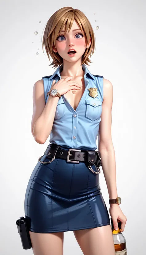  One girl ,  Kairi from Kingdom Hearts,  viewers(Blushed face:1.0),real skin ,small breasts,  shiny hair ,  Super Detailed Black Eyes,( Equipped Police Belt :1.2),( watch ),( frontal shot:1.2),24K,(Standing in a sexy pose:1.2),(Drunk:1.2),(Surprised:1.0),(...