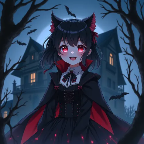 Cute girl Dracula,Draculas fangs,Black Gothic Lolita fashion,The background is a haunted house,Late at night,Bats Have blood for transfusion,Camera angle from below, Anime Style