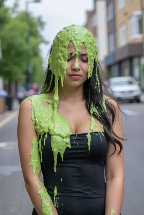 DSLR photograph. Beautiful Chinese teen covered in green water. (Photorealistic: 1.1). Wet liquid. Nasty slime. Raw photo. Wearing strapless black dress. London streets. Daytime. Green Slime. Dripping green goo. 18 years old. (Chinese girl: 1.1). Wavy Blac...